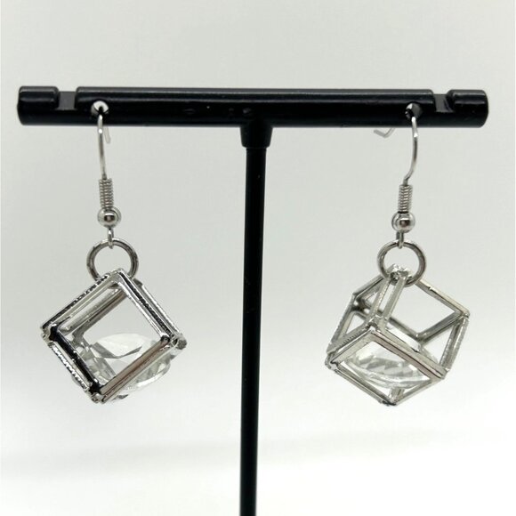 Estate Jewelry - Silver-Tone Box Earrings Clear Rivoli Dangles Pierced Hooks Geometric